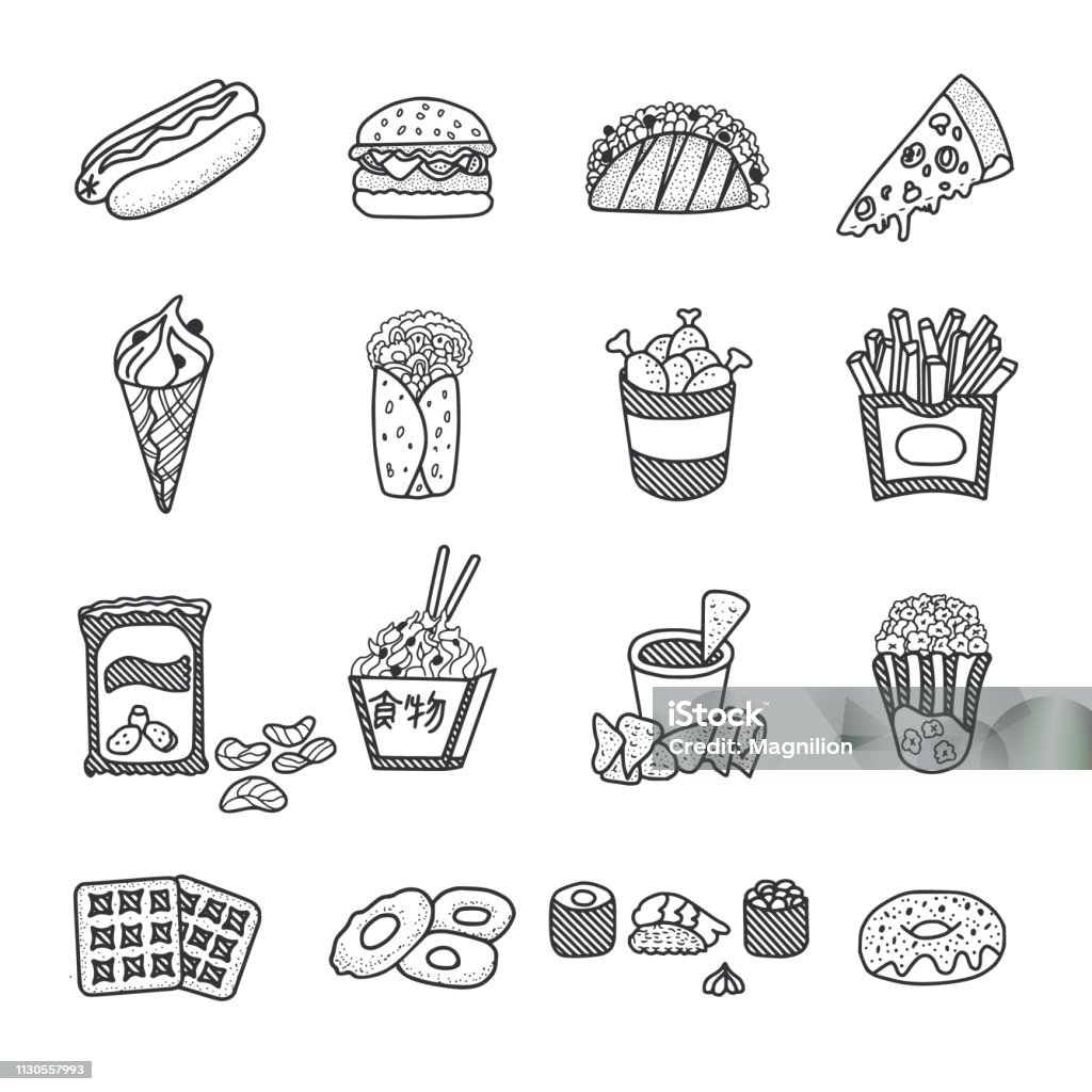 Fast Food Doodles Set Vector food doodles. Fastfood illustration set. Drawing - Art Product stock vector