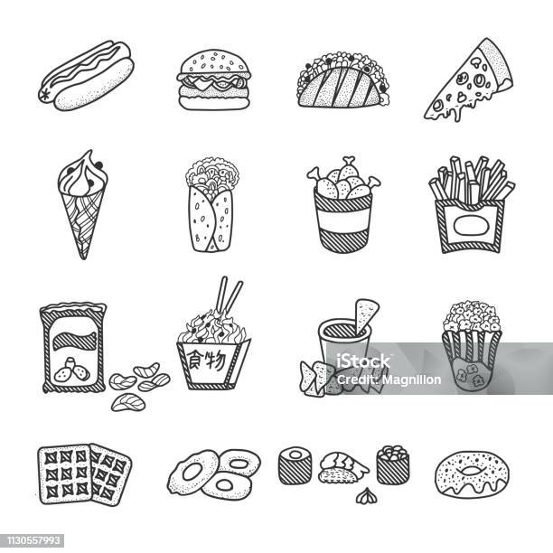 Fast Food Doodles Set Stock Illustration - Download Image Now - Drawing - Art Product, Illustration, Food