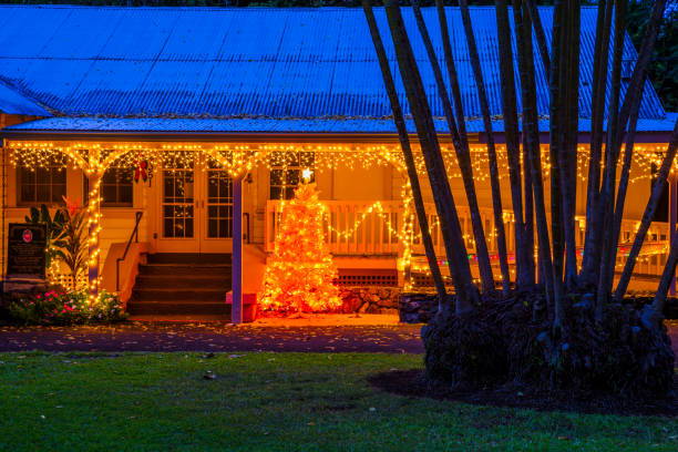 Island of Maui in Hawaii Island of Maui in Hawaii on December 20, 2012: Christmas decorations on a house in Hana rain forest on Maui hana coast stock pictures, royalty-free photos & images