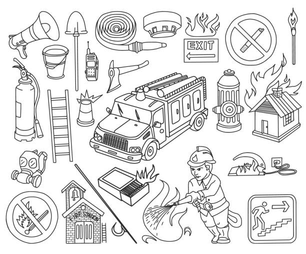 ilustrações, clipart, desenhos animados e ícones de doodles do corpo de bombeiros ajustados - engine car truck hose