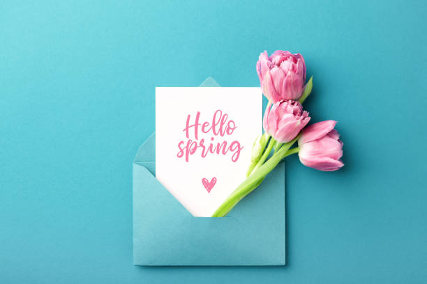 istock Pink tulips and white card in envelope. 1130559278
