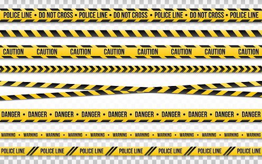 Police line do not cross isolated on transparent backdrop. Police tape set. Restriction zone or crime place. Black and yellow striped on white background. Vector illustration.