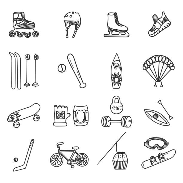 Active Sport Doodles Set Active lifestyle doodles set. Vector illustration. All objects in groups and easy to edit. cycling bicycle pencil drawing cyclist stock illustrations