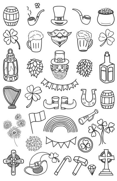 st. patrick's day vector doodles zestaw - spring clover leaf shape clover sketch stock illustrations