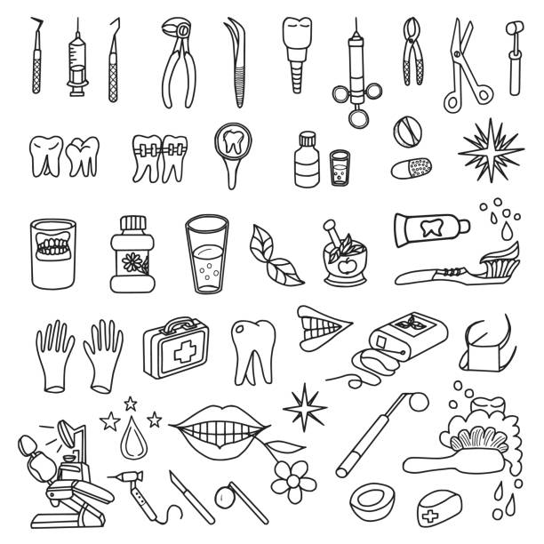ilustrações, clipart, desenhos animados e ícones de doodles da odontologia ajustados - toothbrush dental hygiene glass dental equipment