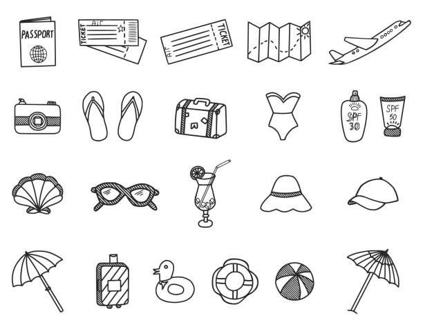 sommerferien und reise-doodles-set - doodle map drawing sunglasses stock-grafiken, -clipart, -cartoons und -symbole
