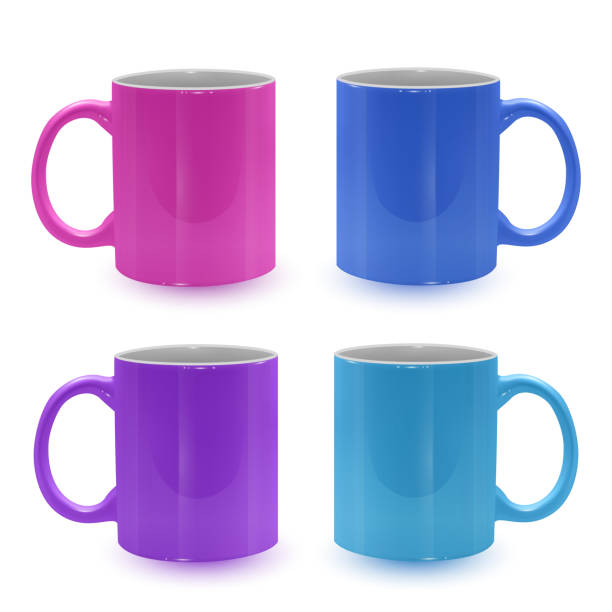 Set of bright and colored mugs on white background, realistic mugs, template for your project Set of bright and colored mugs on white background, realistic mugs, template for your project. Vector illustration italian cafe clip art stock illustrations
