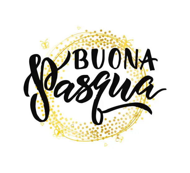 Vector illustration of Hand lettering Happy Easter italian language banner template with beautiful easter golden wreath. Vector illustration.