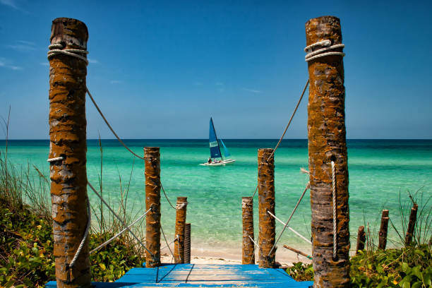 Beautiful beach in Varadero, Cuba with catamarans, white sand and turquoise ocean. Vacation in Cuba. Cuba travel.
