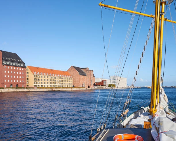 Copenhagen pier seen from an old sailing vessel, Denmark.