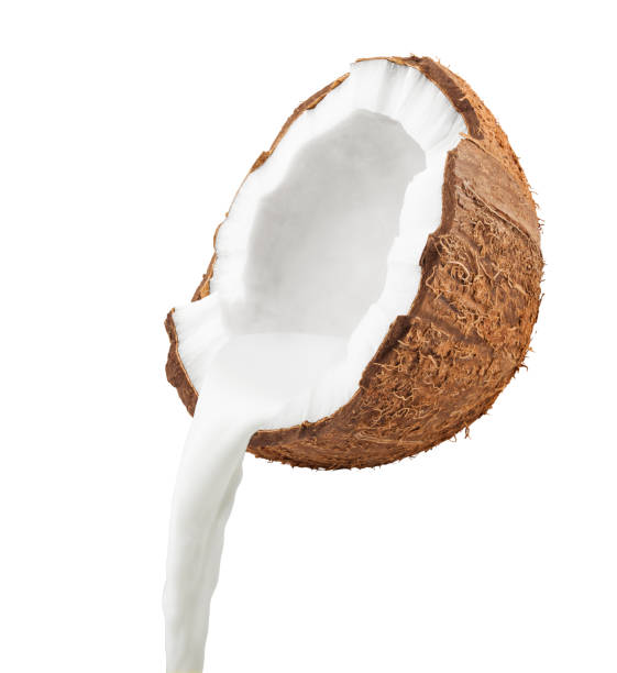 coconut milk, isolated on white background, full depth of field, clipping path - drink close up dairy product flowing imagens e fotografias de stock