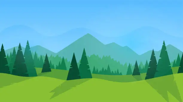 Vector illustration of Forest panorama. Green silhouette. Forest with fir trees and pines. Blue sky with clouds. Simple modern design. Template for banner or poster. Place for text. Flat style vector illustration.