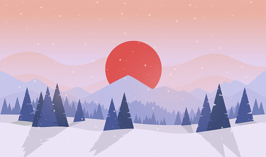 Winter forest. Sunset or sunrise. Forest with fir trees and pines. Big red sun. Japan. Simple modern design. Template for banner or poster. Place for text. Flat style vector illustration.