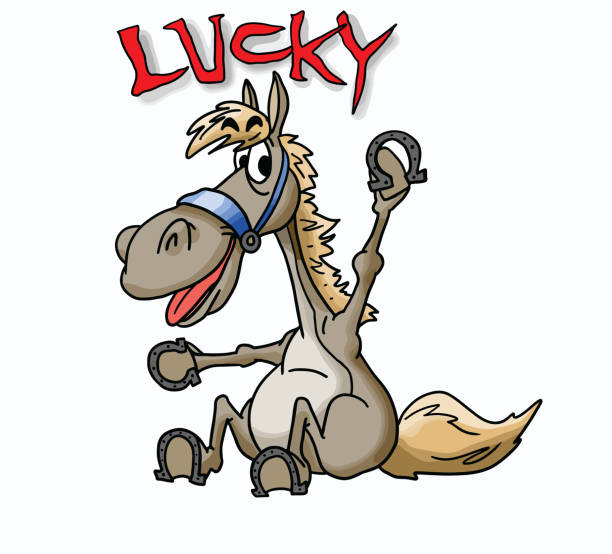 ilustrações de stock, clip art, desenhos animados e ícones de a cartoon horse holding one of his shoes in his hands for good luck vector illustration - horseshoe good luck charm cut out luck