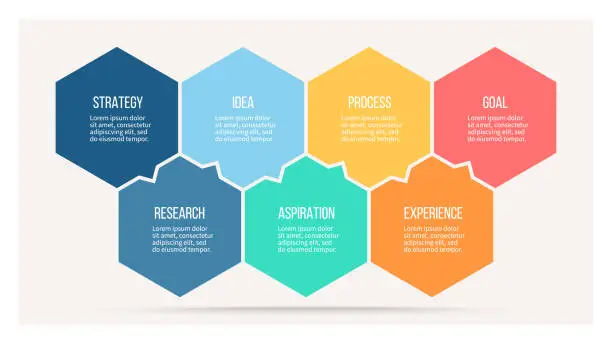 Vector illustration of Business infographics. Process with 7 steps, options, hexagons. Vector template.