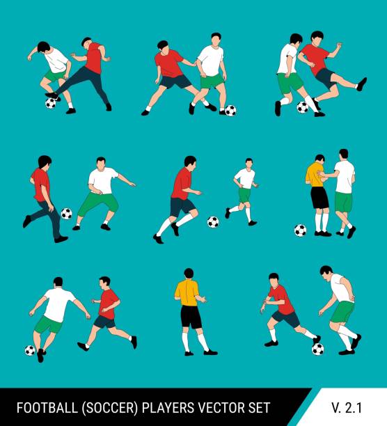 illustrations, cliparts, dessins animés et icônes de football, footballeurs vecteur ensemble. différentes poses de joueurs, les joueurs de football en mouvement : la lutte pour le ballon, le différend d’un joueur de football avec le juge, un truc, les dépassements. - athlete soccer player men professional sport