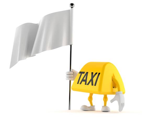istock Taxi character holding blank flag 1130570962