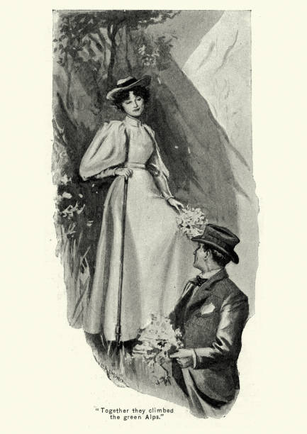 Vintage engraving of Victorian couple picking flowers in the Alps while on vacation, 1890s, 19th Century
