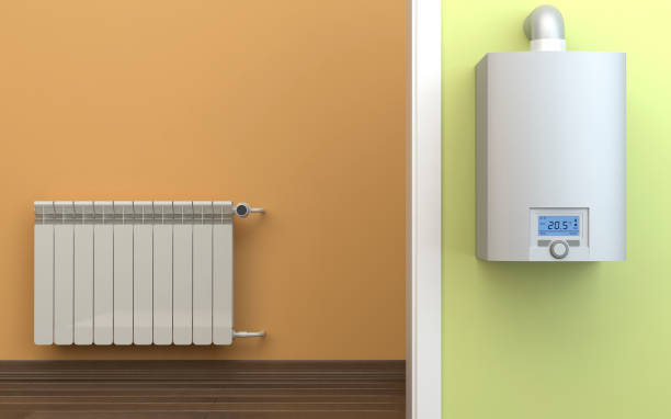radiador do aquecimento e caldeira de gás, ilustração 3d - boiler gas boiler thermostat control panel - fotografias e filmes do acervo