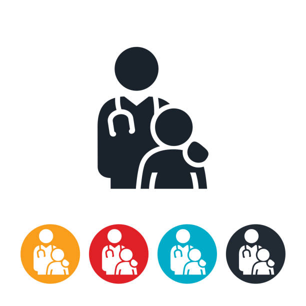 Doctor With Overweight Child Icon An icon of a doctor with an overweight child. The icon represents the epidemic of childhood obesity and the affects on a child's health. pediatrician stock illustrations