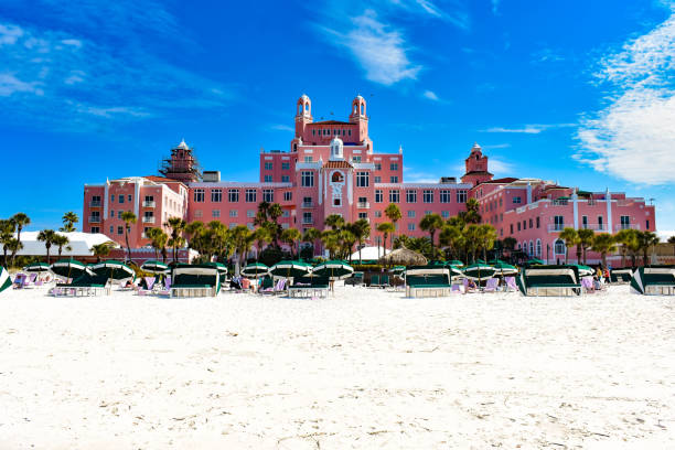St. Pete Beach, Florida. January 25, 2019.  Panoramic view from the beach of The Don Cesar Hotel. The Legendary Pink Palace of St. Pete Beach (3) St. Pete Beach, Florida. January 25, 2019.  Panoramic view from the beach of The Don Cesar Hotel. The Legendary Pink Palace of St. Pete Beach (3) disney world stock pictures, royalty-free photos & images