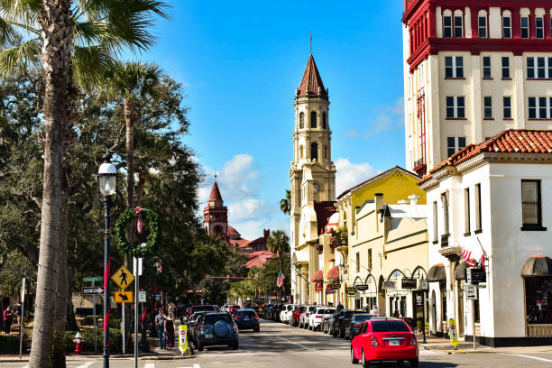 St. Augustine, Florida. January 26 , 2019. Cathedral Basilica of St. Augustine , Plaza de la Constitucion and partial view of Henry Flager College at Old Town in Florida's Historic Coast.