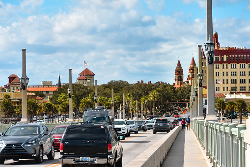 St. Augustine, Florida. January 26 , 2019. Panoramic view of Plaza de la Constitucion and historic buildings at Old Town in Florida's Historic Coast.