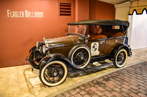 St. Augustine, Florida. January 26 , 2019. Vintage Car in Casa Monica Spa & Hotel in Florida's Historic Coast.