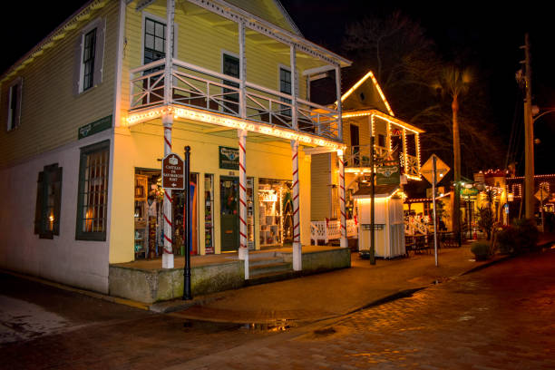 st. augustine, florida. january 26, 2019 . illuminated colorful house at old town in florida historic coast. - orange county california beach imagens e fotografias de stock