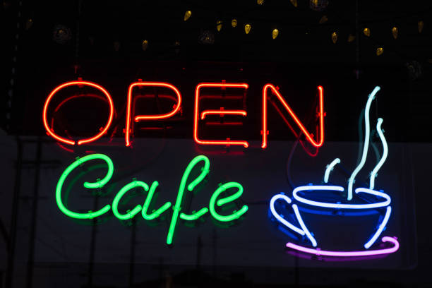 illuminated neon sign in cafe coffee shop window coffee cup icon