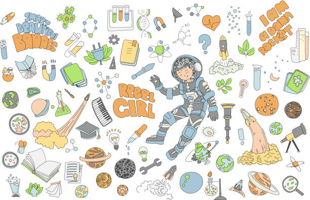 Cute cartoon icons on science, school, study theme. Physics, chemistry, astronomy and other sciences - vector illustrations of icons for children. Back to school educational icons, science cartoon icon set isolated on white background, colored Cute cartoon icons on science, school, study theme. Physics, chemistry, astronomy and other sciences - vector illustrations of icons for children. Back to school educational icons, science icon set babyproof stock illustrations