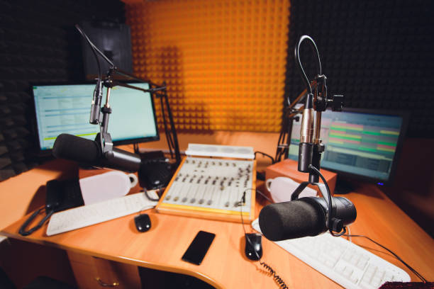 istock Condenser microphone in vocal recording room studio. 1130592706