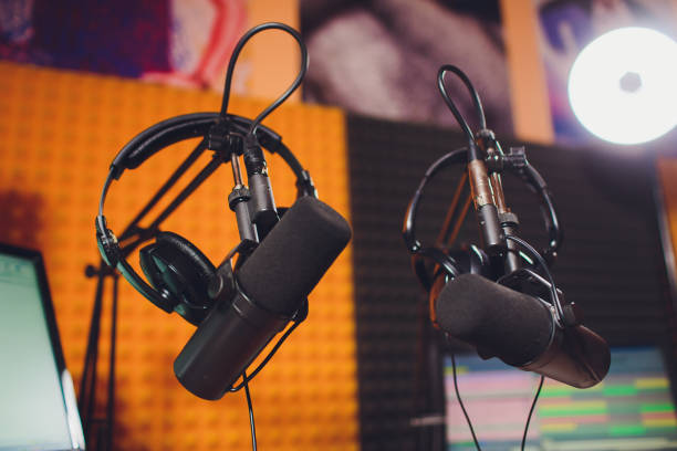 istock Condenser microphone in vocal recording room studio. 1130592726