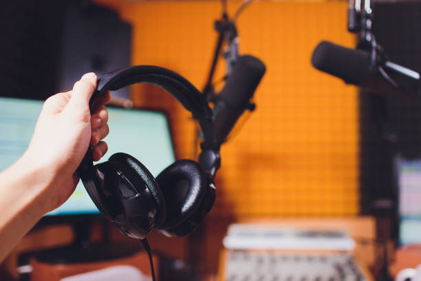 istock Condenser microphone in vocal recording room studio. 1130592728