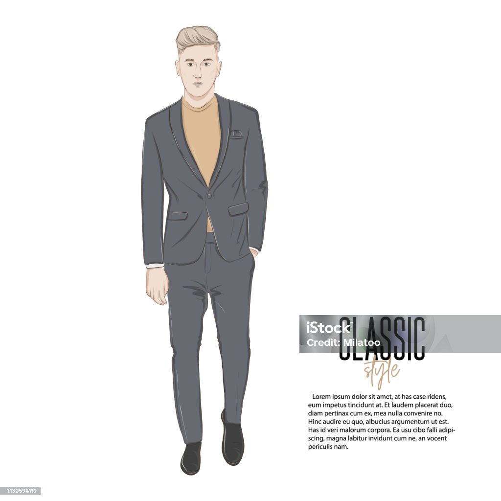 Blonde hand drawn man in suit vector sketch. Hand drawn illustration. Trendy character decoration. Male model wearing classical outfit: suit, jumper. Business look Blonde hand drawn man in suit vector sketch. Hand drawn illustration. Trendy character decoration. Male model wearing classical outfit: suit, jumper Elegance stock vector