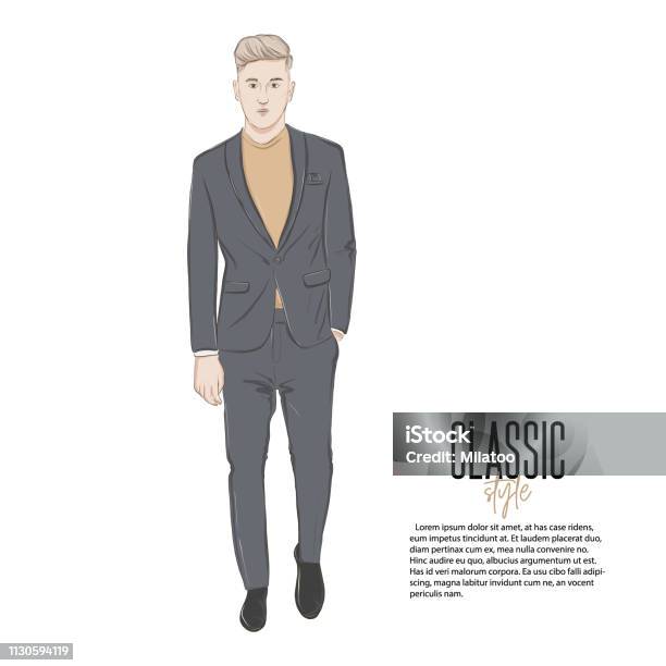 Blonde Hand Drawn Man In Suit Vector Sketch Hand Drawn Illustration Trendy Character Decoration Male Model Wearing Classical Outfit Suit Jumper Business Look Stock Illustration - Download Image Now