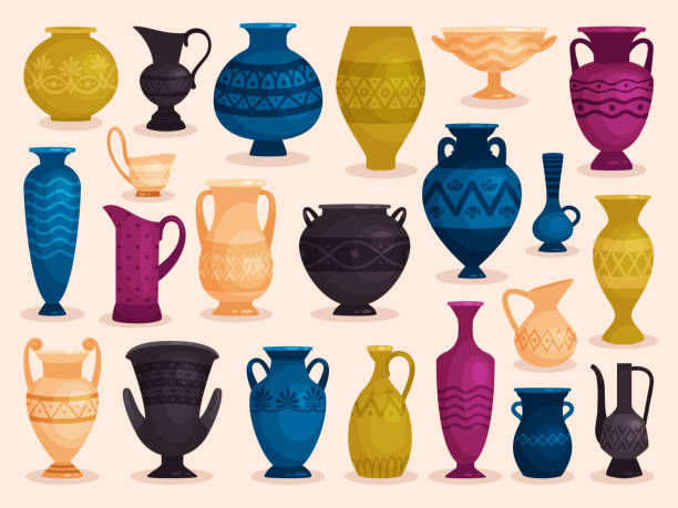 컬러 앤티크 화병의 세트입니다. 벡터 일러스트 레이 션 - jug pitcher pottery old stock illustrations