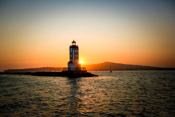 LA Harbor Lighthouse Sunset Port of LA at dusk. san pedro los angeles photos stock pictures, royalty-free photos & images