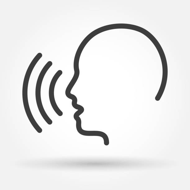 Voice control icon Voice control icon. Speak or talk recognition linear icon, speaking and talking command, sound commander or speech dictator head, vector illustration speech stock illustrations
