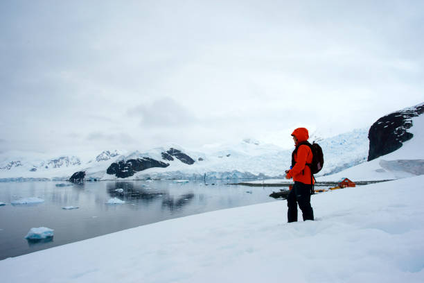 Woman standing Scientific Station Almirante Brown signs Paradise Bay Woman standing Scientific Station Almirante Brown signs Paradise Bay antarctic peninsula photos stock pictures, royalty-free photos & images