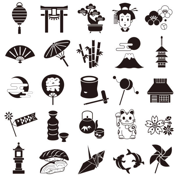 ilustraciones, imágenes clip art, dibujos animados e iconos de stock de conjunto de iconos de japón - religion symbol buddhism fish