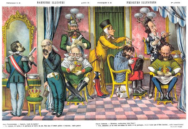 wybitni fryzjerzy, satyryczny kreskówka tygodniowy z 1881 roku - hindenburg stock illustrations