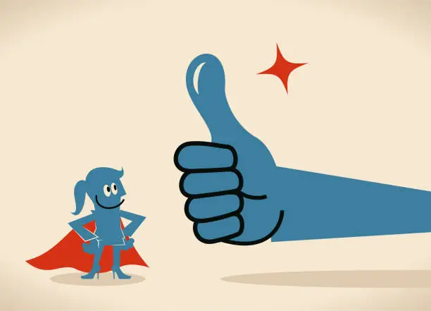Vector illustration of Big hand giving a thumbs up gesture to a super businesswoman with cape