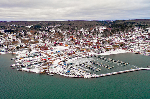 The small fishing village of Bayfield Wisconsin on an early winter morning as the city is waiting for the harsh winter.
