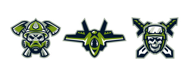 Set of icons on military themes. A skull in a gas mask and axes, a skull in a helmet with tactical goggles and swords, an airplane fighter. Vector illustration Set of icons on military themes. A skull in a gas mask and axes, a skull in a helmet with tactical goggles and swords, an airplane fighter. Vector illustration. pics of the firefighter free stock illustrations