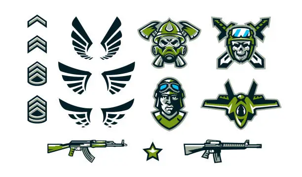 Vector illustration of A set of military signs, emblems, icons. Soldiers' insignia, wings, assault rifles, a skull in a helmet against the background of swords and axes, the face of a tankman. Vector illustration