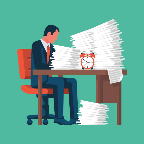 Businessman working with a pile of papers Businessman working with a pile of papers. A lot of work. A stack of documents. Vector illustration flat design. Isolated on background. Paperwork concept. no more homework stock illustrations