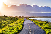 Paved trail illuminated by the evening sunlight on the shoreline of south San Francisco bay area, Mountain View, California