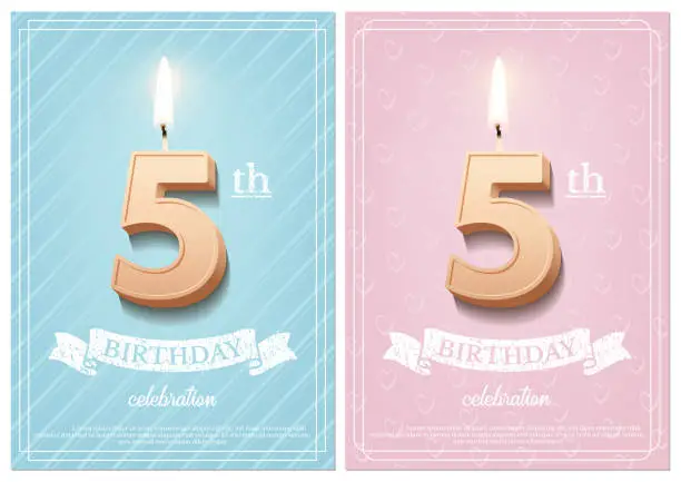 Vector illustration of Burning number 5 birthday candle with vintage ribbon and birthday celebration text on textured blue and pink backgrounds in postcard format. Vector vertical fifth birthday invitation templates.