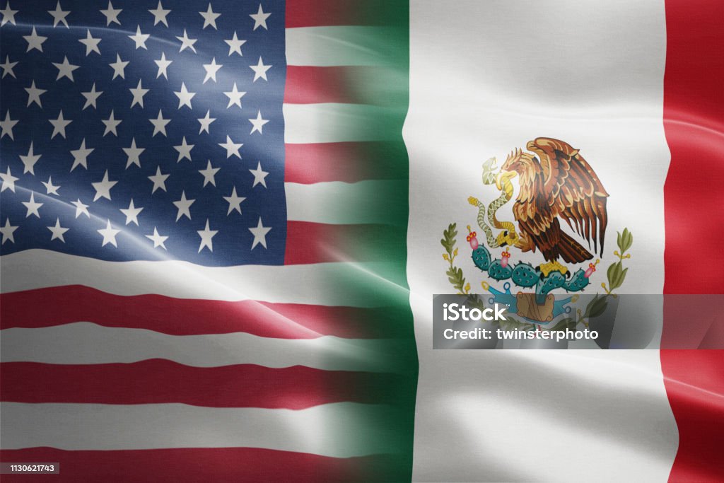 Flag of United States of America and Mexico - indicates partnership, agreement, or trade wall and conflict between these two countries. Flag of United States of America and Mexico - indicates partnership, agreement, or trade wall and conflict between these two countries Mexico Stock Photo